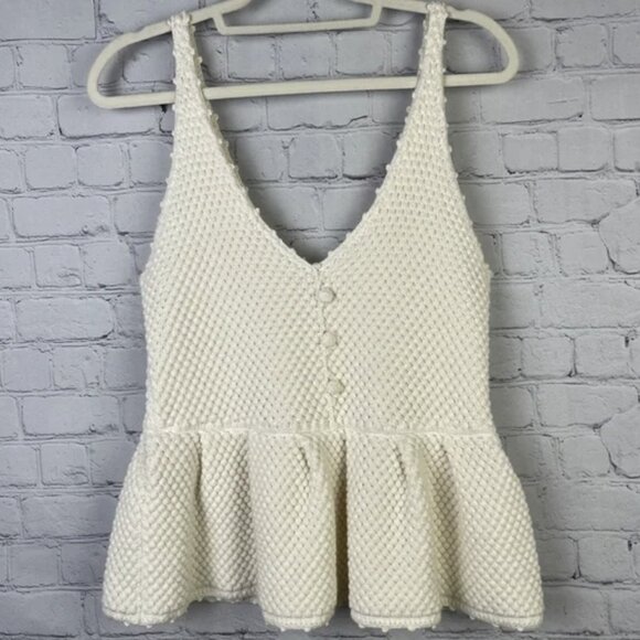 NWT 7 FOR ALL MANKIND boho knit crochet peplum top in gardenia, size S - Picture 1 of 11
